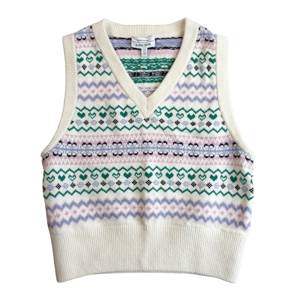 Cream Heart Fair Isle Vest Womens XS Cottage Pink Soft Girl Preppy Paris Atelier